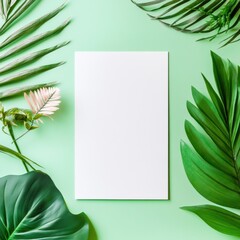 Poster - Blank white sheet placed on a vibrant green surface surrounded by tropical leaves and flowers for creative design purposes. Generative AI