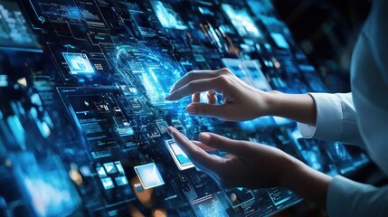 Poster - Hands interacting with an advanced touch screen displaying complex data and analytics