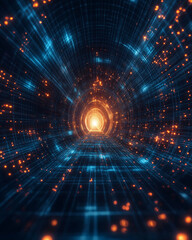 Poster - Digital wireframe tunnel with glowing lines and vibrant particles in motion