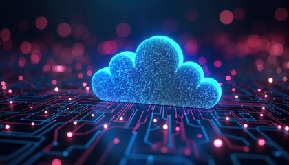 Poster - digital cloud computing concept. abstract glowing cloud icon rests on circuit board. shows data stor
