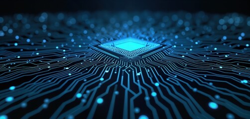 Fototapete - Abstract tech circuit board illustration. Blue glowing lines, components create modern digital design. Futuristic view shows complex network. Central processor chip highlighted. Image suggests data
