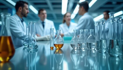 Poster - Health care researchers gather in lab. Group of scientists conduct experiments. Use various lab equipment. Clear beakers, test tubes. Scientists wear lab coats. Lab modern. Research ongoing.