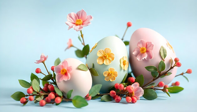  Decorated 3D Easter Eggs with Floral Designs & Pink Flowers Fresh Pastel Spring Composition, Happy Easter Greeting Card with Easter Egg and Flowers. Easter Concept, happy easter 2025, generative ai