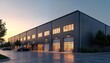 © miss irine - Modern warehouse exterior at sunset. Sleek grey metal cladding. Large garage doors. Industrial building with parking area. Suitable for storage commercial cargo services, business. Exterior view of