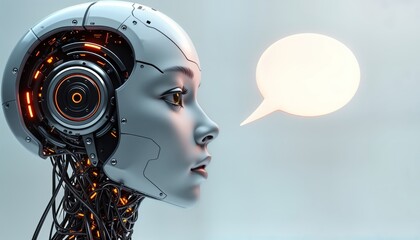 Fototapete - Futuristic asexual robot head with speech bubble. Wireframe style android head shows tech concept of AI communication. Modern robotic design with low-poly details. Potential use in AI chatbot