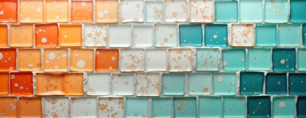 Poster - Colorful mosaic tile design with white orange, teal blocks. Vibrant, decorative pattern. Perfect for modern interior decor home improvement projects. Glossy surface gives shiny aesthetic. Intricate