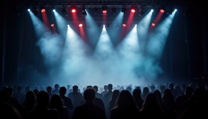 Aufkleber - Huge crowd fills dark concert hall. Colorful spotlights illuminate stage. Stage lights, fog create energetic atmosphere. Performance scene ready for music show. Event full of energy, excitement. Live