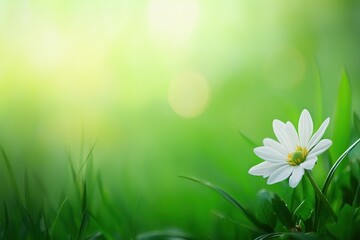 Poster - Bright white flower stands out in lush green grass during a sunny day in a tranquil outdoor setting. Generative AI