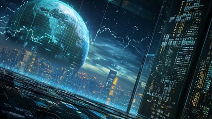 Poster - Futuristic city view with digital globe and financial market graphs overlaying
