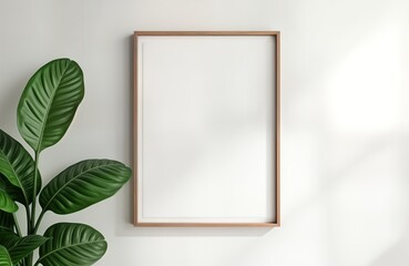 Aufkleber - Empty picture frame hangs on white wall. Green houseplant with large leaves next to. Simple interior design. Natural light shines through room. Modern home decor style. Blank canvas template for
