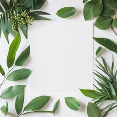 Fototapete - Fresh green leaves surround a blank sheet of paper on a light background for creative design and inspiration. Generative AI