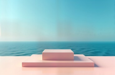 Aufkleber - Minimalist product display platform against calm sea, sky background. Pastel shades create serene mood. Empty square pedestals perfect for products. Modern design with clean aesthetic. Excellent for