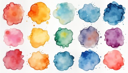 Aufkleber - Colorful watercolor splashes create abstract art design. Vivid colors like red blue yellow orange, many-colored tones combine on white background. Round shapes represent artistic paintbrush strokes.