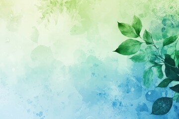 Wall Mural - Artwork featuring lush green leaves on a blue watercolor background in a serene and fresh style. Generative AI