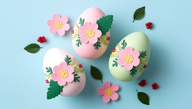  Decorated 3D Easter Eggs with Floral Designs & Pink Flowers Fresh Pastel Spring Composition, Happy Easter Greeting Card with Easter Egg and Flowers. Easter Concept, happy easter 2025, generative ai