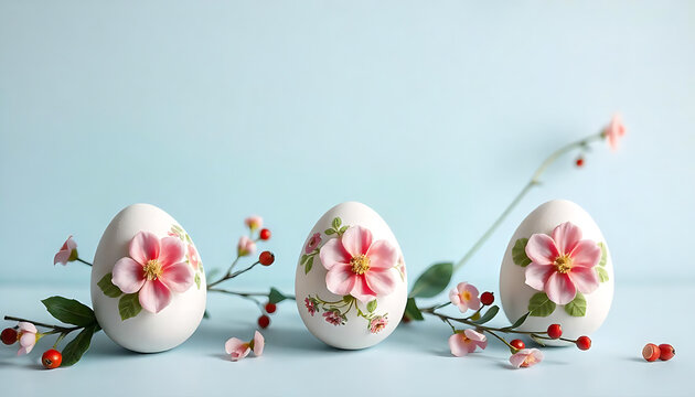  Decorated 3D Easter Eggs with Floral Designs & Pink Flowers Fresh Pastel Spring Composition, Happy Easter Greeting Card with Easter Egg and Flowers. Easter Concept, happy easter 2025, generative ai