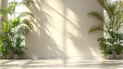 Poster - Sunlit room, potted plants, empty wall, interior design