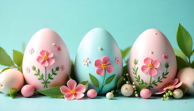  Decorated 3D Easter Eggs with Floral Designs & Pink Flowers Fresh Pastel Spring Composition, Happy Easter Greeting Card with Easter Egg and Flowers. Easter Concept, happy easter 2025, generative ai