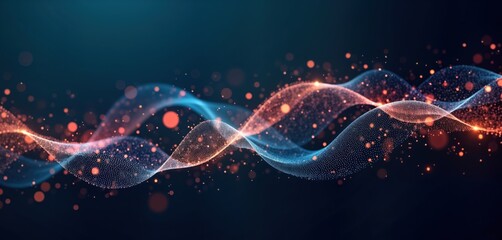 Poster - Abstract digital waves flow on dark background. Particles glow with light blue, orange tones. Dynamic motion creates futuristic tech concept. Design suitable for corporate tech presentations.