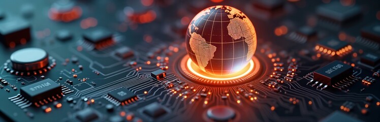 Poster - Futuristic tech circuit board with glowing orb. Globe rests on motherboard. Advanced technology concept. Global network, digital connections. Innovative tech illustration. Future of global