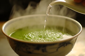 Wall Mural - Preparing Matcha Green Tea Hot Water Pouring into Bowl