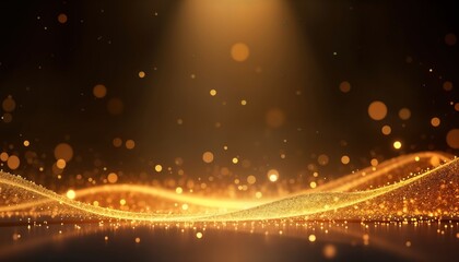 Poster - Luxury abstract background with golden lines, light rays. Bokeh effect creates elegant atmosphere perfect for award ceremony design concepts. Golden particles flow in waves on dark background. Visual