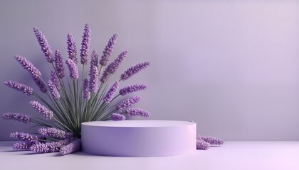 Aufkleber - Minimalist lavender display. Purple podium with lavender flowers. Stylish presentation platform. Product showcase design. Suitable for beauty fashion photography. Simple backdrop. Floral arrangement.