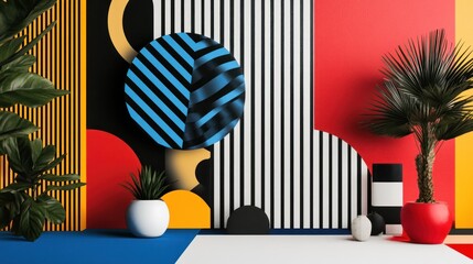 Poster - Geometric shapes with bold colors and plants creating a modern abstract design