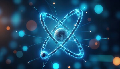 Aufkleber - Futuristic digital design of atom. Abstract representation of nuclear energy. Tech innovation in 3d graphic style. Creative illustration for sci-fi tech. Image evokes future innovation. Design