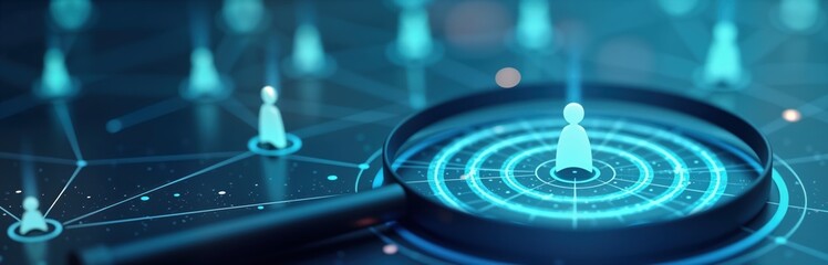 closeup futuristic tech graphic design. magnifying glass focuses on person icon. digital network map