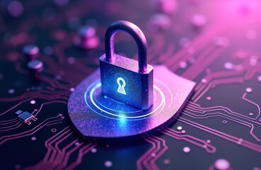 Fototapete - Digital lock on tech board. Secure cyberspace concept. Purple, blue lock icon. Secure information system. Protecting data, access. Advanced encryption. Modern safety measures. Safeguarding online