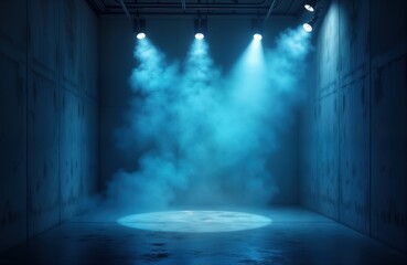 Aufkleber - Empty interior space lit by blue spotlights. Grunge concrete walls, fog create moody night scene. Suitable for modern design concepts, various scenes like music shows fashion photography. Dramatic