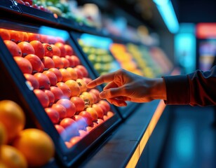 Aufkleber - person touches fruit display in grocery store. modern tech approach to shopping. fruit selection. ha
