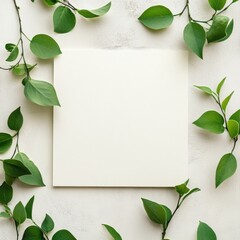 Poster - Blank canvas surrounded by fresh green leaves on a light textured background for creative inspiration. Generative AI