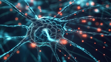 Poster - Neuron cell illustration with glowing connections in a network for brain research
