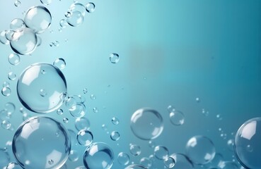 Aufkleber - Abstract illustration shows many transparent bubbles floating in light blue background. Bubbles appear shiny, round. Design evokes feeling of clean water soap bubbles. Image suitable for various