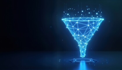 Aufkleber - Futuristic digital funnel design. Data filtering process. Tech business concept. Abstract illustration for marketing strategy. Polygonal graphic shape. Network structure, data analysis. Isolated on