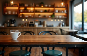 Poster - Cozy cafe interior featuring wooden table with white cup. Empty table in bright coffee shop. Modern cafe setting with bokeh effect, blurred background. Warm lighting, wooden decor. Perfect for