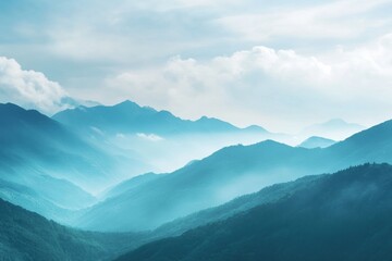 Poster - Mountains shrouded in mist with a serene atmosphere in the early morning light over a quiet valley. Generative AI