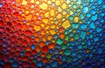 Fototapete - Colorful glass mosaic pattern creates vibrant texture background. Irregular shapes, vibrant colors create beautiful design. Glassy material adds shine, depth to pattern. Could used as wall decor