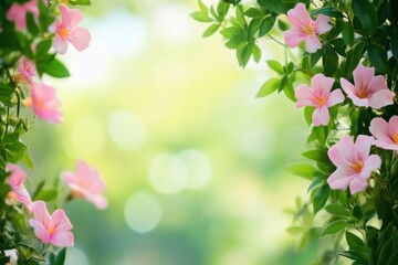 Poster - Beautiful pink flowers blooming among vibrant green leaves under soft natural light in a serene garden setting. Generative AI