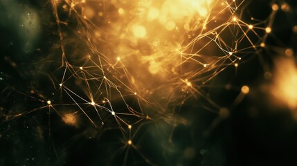 Poster - abstract golden network with shining nodes and a dark ethereal background