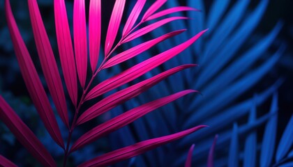 Aufkleber - Vibrant palm leaf detail. Pink-purple tones highlight leaf texture, shadows. Tropical nature backdrop. Ideal for modern design projects. Minimalist style. Abstract art print. Perfect for wallpaper