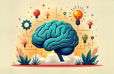 Fototapete - colorful illustration of brain surrounded by innovation icons. brain represents creativity, problem-