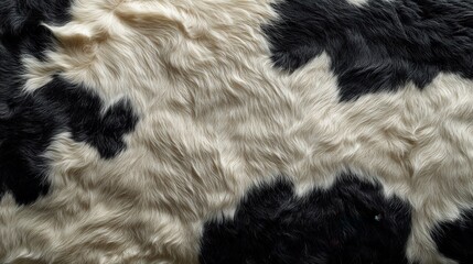 close-up of black and white cowhide texture with natural fur patterns in soft lighting