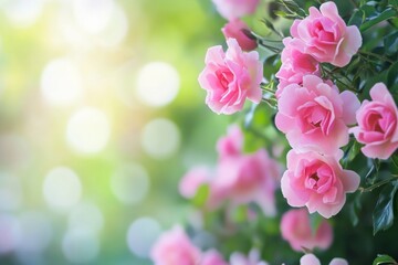 Poster - Beautiful pink roses blooming softly in a garden during spring with sunlight filtering through the leaves. Generative AI