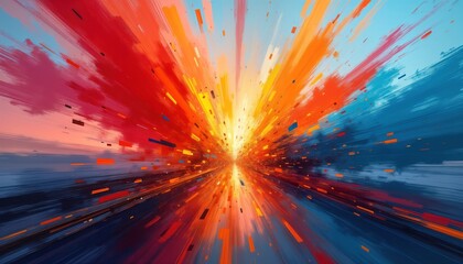 Aufkleber - Abstract painting explodes with vibrant colors. Dynamic brushstrokes create powerful visual effect. Colorful streaks, splashes radiate from center. Abstract art style modern, energetic. Lively,