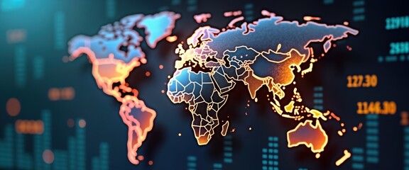 Poster - Virtual globe highlights global financial transactions. Interactive map shows international commerce flow. Abstract lines symbolize economic activity across continents. Financial data appears on