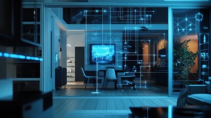 Poster - Smart home technology seamlessly integrated within a modern living space with advanced interfaces