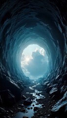 Poster - Dark tunnel stretches deep into mysterious space. Rocky walls create narrow passageway. Stream of water winds through canyon. Light filters through opening. Vast landscape lies beyond. Vast cosmic